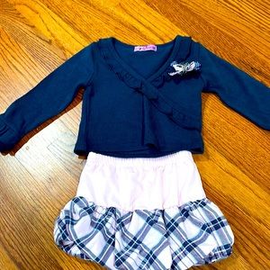 Baby girl 2 piece set, navy sweater plaid pink skirt, size 18 months